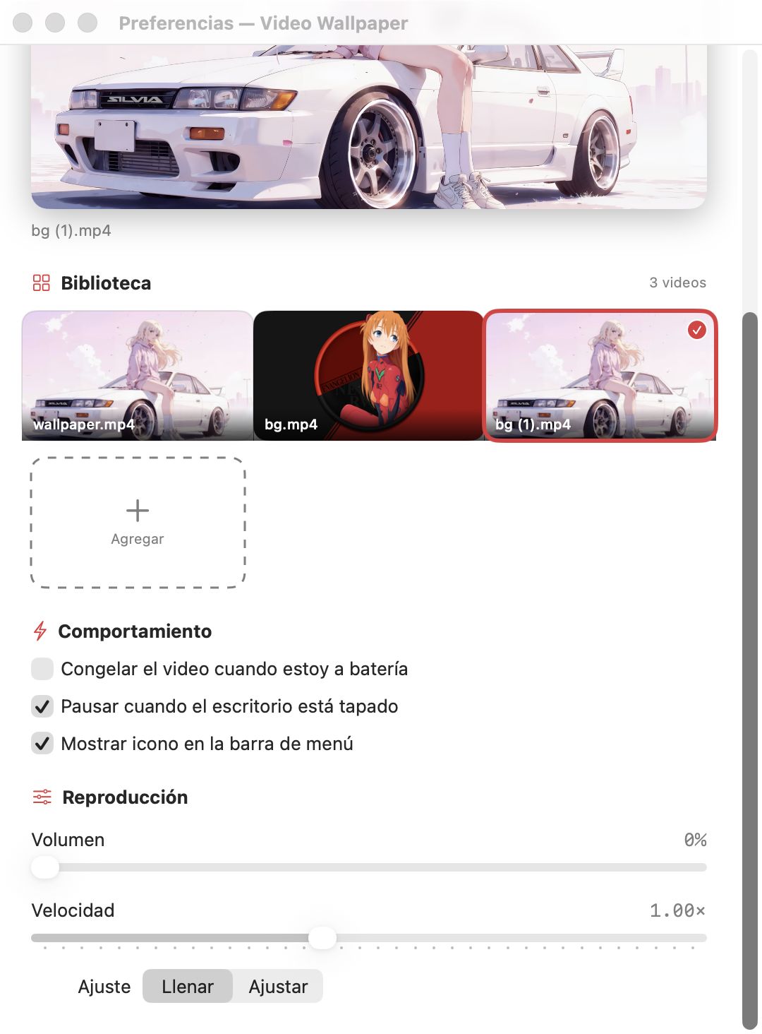 Ventana de preferencias de Video Wallpaper